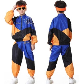 Coseaon 80s Outfit for Kids, Retro 90s Tracksuit Boys Girls Hip Hop Dance Clothes Unisex Patchwork Jacket Pants Sportswear (US, Alpha, X-Large, Blue)