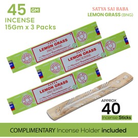Satya Nagchampa Lemon Grass Incense Sticks, Satya Bng (Bangalore) Insenses 15gmx3 Pack (45 GMS) with Raajsee Incense Holder Bundle, Satya Nagchampa Natural Incense