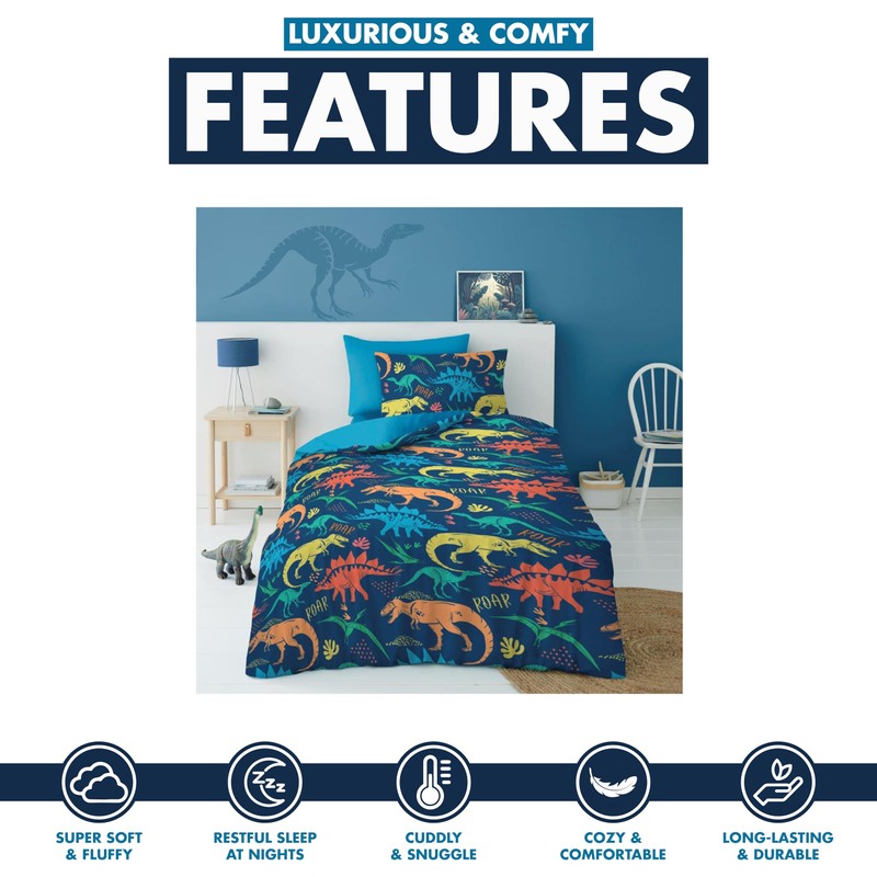 Lions Kids Dinosaur Bedding Set, Soft 100% Microfibre Polyester, Single