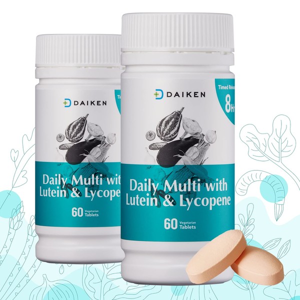DAIKEN Multivitamin Complex with Lutein & Lycopene (Magnesium, Iron, Vitamin A, C, D, E, K, Bs, Mineral, Calcium, Biotin), Time Released Daily Supplement for Men & Women, 60 Pills, Pack of 2
