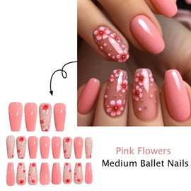 Flower Press on Nails Medium Ballet Glue on Nails with Ombre Floral Pink White Design Glossy Nude Fake Nails Cute Reusable Summer False Nails Full Cover Spring Stick on Nails for Women Girls Manicure