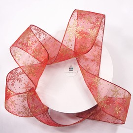 CT CRAFT LLC Cinta con alambre de organza roja con copos de nieve con purpurina dorada, 2.5 pulgadas x 50 yardas, para decoración navideña del hogar, envoltura de regalos, fabricación de lazos, coronas, manualidades