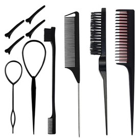 Styling Hair Brush Set,Bristle Hair Brush Tail Comb Edge Brush,for Edge & Back Brushing,Teasing Bristle, Rat Comb Hair Styling, Flyaways Control and edge Combing. (Black, 10 Pcs)