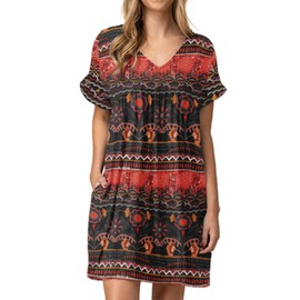 Jayscreate Women's Summer Shift Baby Doll Dress Pockets Casual V Neck Tunic Mini Loose Fit Boho Print Flowy Dress