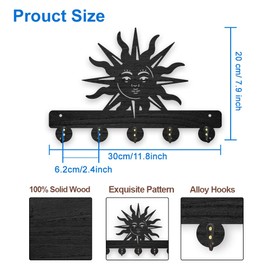 MAYJOYDIY Wooden Sun Key Hooks Wall Mounted 11.8×7.8 inch Rustic Sun Wall Hook Keys Towels Hook Black Nature Art Key Rack with 5 Alloy Hooks for Gift Bedroom Kitchen Entryway Office