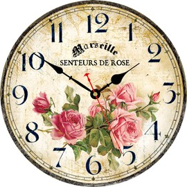 Toudorp Home Wall Clock 14 Inch Wooden Battery Operated Wall Clocks Decorative Indoor Wall Clocks Vintage French Floral Wall Clock (Pink Roses)