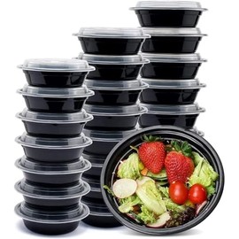 LIFEGUARD 48 oz Microwavable Round Black Container with Clear Lid, 50 Complete Sets