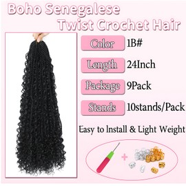 QIDESHENG 9 Packs Senegalese Twist Crochet Hair 24 Inch Pre-Looped Island Twist Boho Crochet Braids Hair Extensions with curls Synthetic Crochet Hair Extensions for Black Women（1B）
