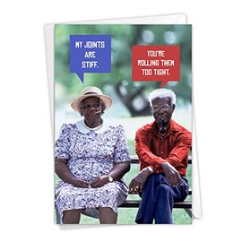 NobleWorks - 1 Funny Happy Birthday Greeting Card - Old Folks Grandparents Humor, Notecard Talk Bubbles - Too Tight C9346BDG-ET