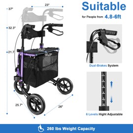 WALK MATE 3 Wheel Rollator Walker with Seat for Slim Seniors, Padded Backrest Lightweight Foldable Walker Ideal for Elderly, 8 Inch Tri-Wheel Modern Mobility Walking Aid Aluminum, Purple