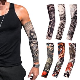 QOCUILC Set of 6 Tattoo Sleeves Set, Fake Tattoo Arm Warmers for Men and Women, Temporary Tattoo Arm Stockings, Nylon Arm Warmers for Carnival, Fancy Dress and Party (6 Pieces)