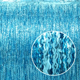 4 Pack Blue Foil Fringe Wavy Curtains Backdrop - 3.3X6.6ft Foil Fringe Backdrop for Birthday Party Decorations Fringe Backdrop for Graduation, Under The Sea Party, Gender Reveal, Disco Party