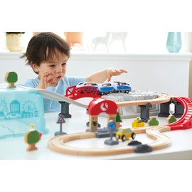 Hape City Railway and Train Bucket Set Toy with Hoisting Magnetic Crane for Trains, Trucks, and Cargo for Kids Ages 3 and Up, Multicolor