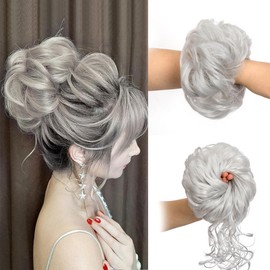 2PCS Messy Bun Hair Piece Tousled Updo Elastic Hair Bun Piece for Woman (Silver)
