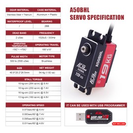 AGFRC 19KG Low-Profile Programmable-Digital-Servo - 0.073Sec High Speed Full Metal Gear Brushless Servo with 25T Metal Servo Horn for 1/10 RC Models, Control Angle 180° (A50BHL)