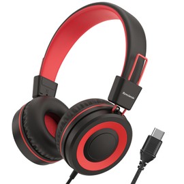 Bywulanda USB Type C Kids Headphone for School, 94dB Safe Volume Limited, Foldable Stereo Sound Tangle-Free Type C Cord, On-Ear Headphones for Boys/Girls/Students/Tablet/Travel(Red Black)