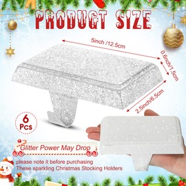 Huwena Christmas Stocking Holders Shiny Mantel Stocking Hangers Fireplace Hangers Glitter Hanging Hooks for Christmas Holiday Fireplace Window Table Supplies (White, 6 Pcs)