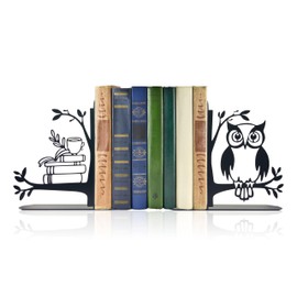 Owl and Books Metal Bookends Cute Owl Book Ends for Shelves Bookshelf Decorative Objects Home Office Desk Gift for Owl Lover（Black）