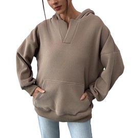 PAODIKUAI Women's Oversized Hoodies V Neck Pullover Fleece Sweatshirt Long Sleeve with Pocket Casual Winter Fall Outfits(Coffee,L)
