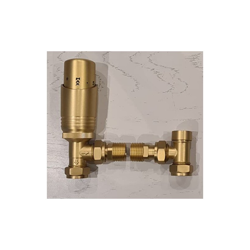 Team Controls Brushed Brass Angled Thermostatic Radiator Valves & Lockshield