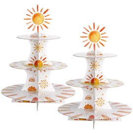 Tioncy 2 Set 3 Tier First Trip Around The Sun Cardboard Cupcake Stand for 24 Cupcakes Sunshine Cupcake Stand Sun Cupcake Tier Stand Cupcake Tower Tiered Dessert Stand for Birthday Party Baby Shower