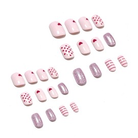 Short Valentin Press on Nails Heart Fake Nails Cute False Nails with Glitter Design Square Pink Glue on Nails Valentin Day Nails Press on Full Cover Acrylic Nails Glossy Artificial Nails for Women
