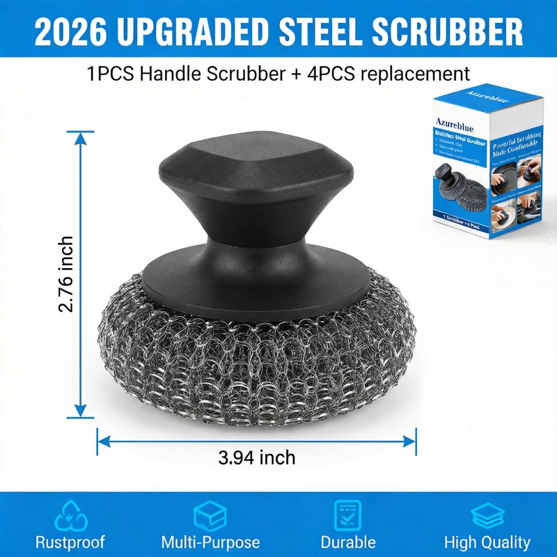5-Pack Steel Wool Scrubber, Stainless Steel Scrubber Wire Sponge Pads