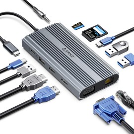 Docking Station USB C to Dual HDMI Adapter, ORICO 12 in 1 USB C Hub with Dual HDMI, VGA, 100W PD, Ethernet, 2 USB-A 3.1, 1 USB 2.0, 1 Type-C 3.1, SD/TF, Audio, Compatible for Windows/Mac OS（Grey）