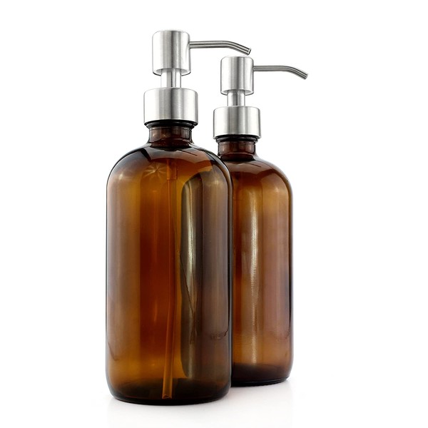 Cornucopia 16-Ounce Amber Glass Bottles w/Stainless Steel Pumps (2-Pack); Lotion & Soap Dispenser Brown Boston Round Bottles for Aromatherapy, DIY, Home & Kitchen