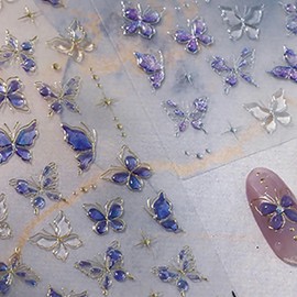 5D Embossed Butterfly Nail Stickers for Nail Art Spring Butterfly Nail Art Stickers Blue Butterflies Silver Edge Design Self Adhesive Silver Star Nails Decals for Women Acrylic Manicure Salon DIY