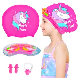 Kids Swim Caps for Girls (Age 2-6), Durable Waterproof Silicone Swimming Cap for Short Hair with Swimming Goggles, Ear Plug and Nose Clip (Rose Red, Large (6-12 Years))