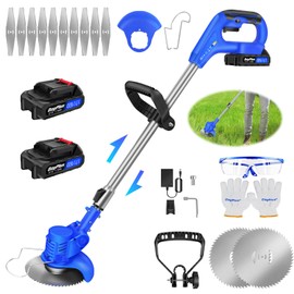 Cordless Strimmer 21V 1HR Fast Charge Battery Garden Strimmer, Lightweight Grass Cutter Machine with 12x Metal Blades, Cordless Grass Trimmer Height Adjustable with 2X Battery and Charger Included
