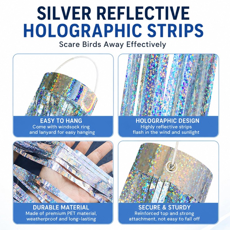 Bird Scarer Windsock Holographic Silver Windsock, High Reflection Bird Deterrents