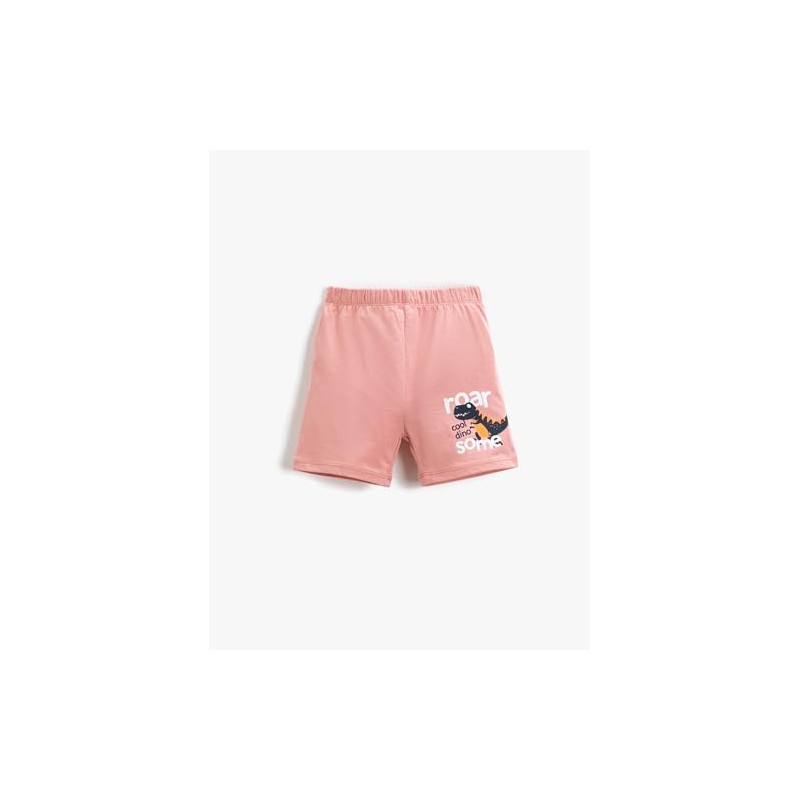 Koton Baby Boys Dinosaur Printed Elastic Waist Cotton Shorts, Salmon