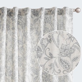 Vangao Grey Floral Linen Curtains for Living Room 96 Inches Long Farmhouse Curtains for Bedroom Vintage Print on Beige Light Filtering Window Drapes Back Tab Rod Pocket 2 Panels