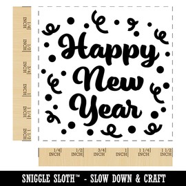 Happy New Year Confetti Self-Inking Rubber Stamp Ink Stamper - 1-1/2 Inch Large - Black Ink