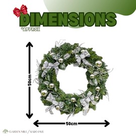 HomeZone® Artificial Luxury Christmas Wreath Hanging Door Decoration Indoor Outdoor Snow Frosted Christmas Baubles Berries Home Decor Durable Traditional Christmas Decorations (50cm silver baubles)