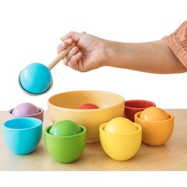 Montessori Large Rainbow Colored Sorting Ball in Cup | Preschool Color Matching Toy | Gross Motor Transfer Activity | 6 Toddler Safe Wooden Balls 46mm in Diameter - Non-Choking-Hazard