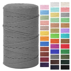 Macrame Cord 3mm x 164yd | 100% Natural Cotton Macrame Rope | 4 Strand Twisted Cotton Cord for DIY Crafts Knitting Plant Hangers Wedding Decor, Grey