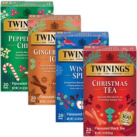Twinings Tea Holiday Variety 4-Pack – Caffeinated Christmas Tea and Gingerbread Joy, Naturally Caffeine-Free Peppermint Cheer and Winter Spice Tea Bags, 20 Count Each
