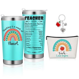 Newtay 3 Pcs Teacher Appreciation Gift Set for Women Rainbow Cosmetic Bag Keychains Tumbler Mugs Christmas Teacher Thank Gift (Teal Color Rainbow)