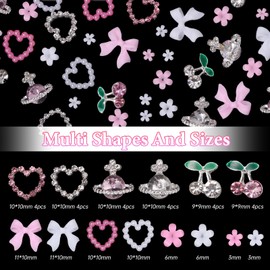 Silver Nail Charms and Gems, Assorted Bowknot Blossom Flowers Hollow Cute Nail Art Charms, Alloy Cherry Planet Heart Nail Gems Rhinestones Nail Jewelry for Nail Art DIY Crafts Accessories