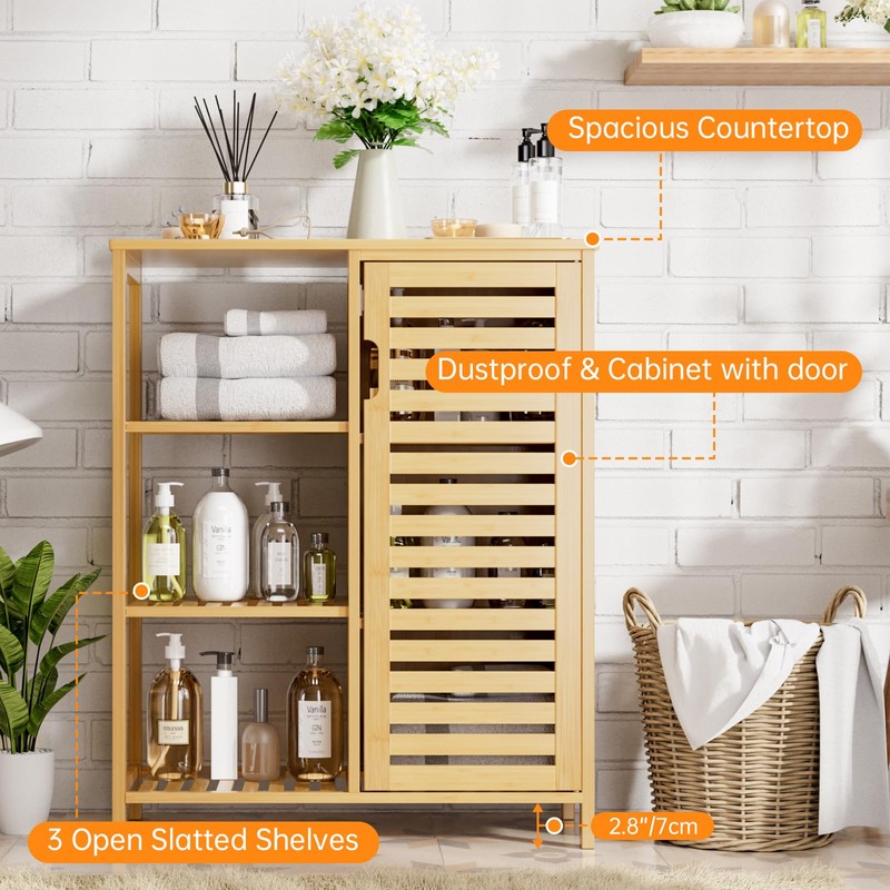 HITNET Bathroom Floor Cabinet, Bamboo Storage Cabinet with Door and