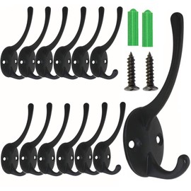 12 Pack Dual Coat Hooks Wall Mounted, Dual Prong Retro Double Utility Rustic Hooks with 24 Screws for Coat, Scarf, Bag, Towel, Key, Cap, Cup, Hat (Black)