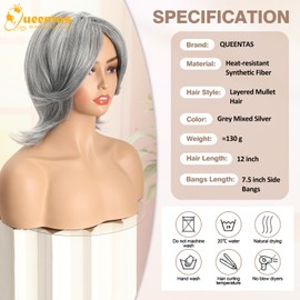QUEENTAS 12" Gray Wigs for Women Grey Silver Medium Length Layered Wig with Curtain Bangs Glueless Natural Looking Synthetic Wigs for Thinning Hair Daily and Cosplay(Black Mixed Grey Siler)