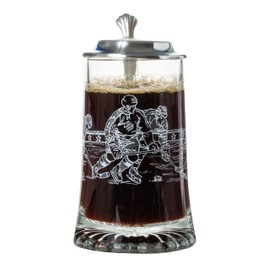 Artisan Owl Glass Ice Hockey Etched Design Beer Stein with Metal Lid and Thumb Lift