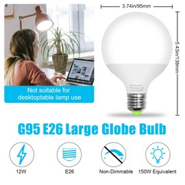 LFLAMPON G95 LED Globe Light Bulbs, 12W(150W Equivalent) Large Globe Light Bulbs, Non-Dimmable, E26 Base, 1500 Lumen, LED Bulbs Daylight White 5000K, Perfect for Vanity, Indoor Living Room, 2-Pack