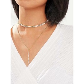 EFTOM Gold Rhinestones Choker Necklaces Diamond Crystal Choker for Women 2 Rows