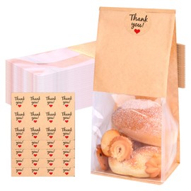 50 Pack Bread Bags for Homemade Bread,Bakery Bags with Window,Paper Bread Bags With Thank-you Stickers Tin Tie Tab Lock Treat Bags for Homemade Granola Candies, Goodies Cookie Packaging Supplies