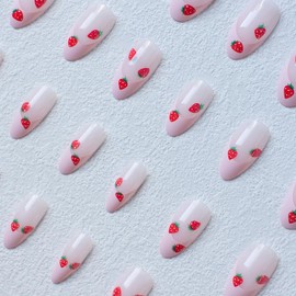24Pcs Pink French Tip Press on Nails Short Almond Fake Nails Cute Strawberry Glue on Nails Nude Pink Acrylic Nails Full Cover Stick on Nails Spring False Nails for Women Girls Manicure Decoration